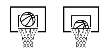 Çizgi film basketbol potası ya da basketbol potası. Oyun sporu konsepti. Top sporu bir takım sporudur. Düz vektör simgesi. Basket topları deri desenli Foor saha oyunlarını imzalıyor.