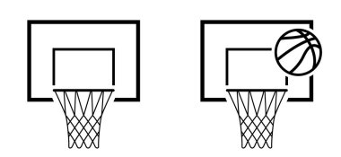 Çizgi film basketbol potası ya da basketbol potası. Oyun sporu konsepti. Top sporu bir takım sporudur. Düz vektör simgesi. Basketbol topları mahkeme maçları için deri desenleri imzalar.