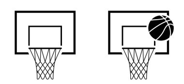 Çizgi film basketbol potası ya da basketbol potası. Oyun sporu konsepti. Top sporu bir takım sporudur. Düz vektör simgesi. Basketbol topları mahkeme maçları için deri desenleri imzalar.