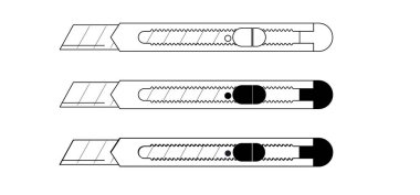 Break off knife. Cartoon cutter knives. retractable blade or knife. Paper or cardboard cutter. Work, school tools. break off blade concept. Utility knife or jackknife. Spare blade for cutter. 