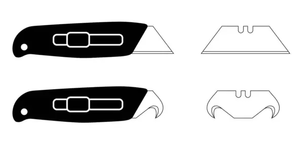 Stock vector Work knives. Cartoon cutter knife. retractable blade or knife. Paper or cardboard cutter. Work, school tools. Retractable blades concept. Utility knife or jackknife. Spare blade for cutter.