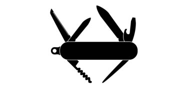 Çizgi film çakısı, çoklu alet, aletler. Kalem bıçağı ikonu. Tokalı bıçak işareti. Tirbuşon ya da şişe vidası, bıçak, testere, tornavida ve şişe açacağı. Hayatta kalma, seyahat, piknik, kamp aleti. Çakı bıçağı.. 