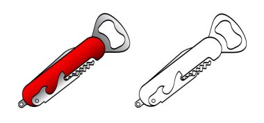 Garson bıçağı ya da şarap garsonu bıçağı. Kalem bıçağı ikonu. Tokalı bıçak işareti. Tirbuşon ya da şişe vidası, bıçak, testere ve tornavida. Çakı aleti. Şişe açacağını aç. Mutfak, bar restoranda..