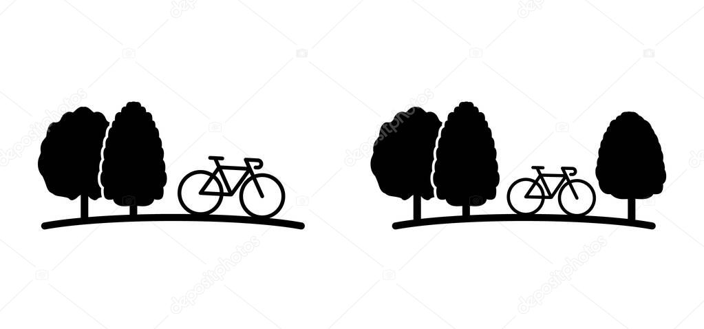 Trees and mountain biker. Line pattern. Forest, bike sports icon. Wood, timber. Trees and leaf. Vacation, holiday logo. Bicycle area. Nature reserve sign. Cycling, cyclist sport. Trekking route.