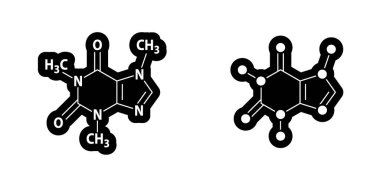 Kahve, kafein kimyasal yapısı, C8H10N4O2. Yapısal formüller hücre, moleküller zarlar atomik. Denge kahve konsepti. Hat düzeni. Caffain formülü molekülü. Atom konsepti.