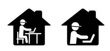 Karikatür esnek çalışma, düzenlemeler. Merkez ofis, uzaktan çalışan. Ev ikonunda çalış. Evde kişisel bir bilgisayarda çalışıyorum. Dizüstü bilgisayarla çalışan bir iş adamı. İş yeri, uzaktan çalışan ya da serbest çalışan..