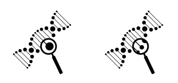 stock vector DNA with magnifying glass. DNA string, double helix spiraal line. RNA gene chromosome elements, medic atom cell. Medical concept of biochemistry with dna molecule. Analysis test tools. Search data.