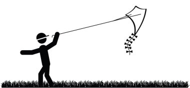 Çizgi film stickman, gökyüzünde uçurtması olan çöp adam. Arkadaşlar birlikte, uçurtma uçuşu, iyi eğlenceler. Spor logosu. Çocuk uçurtma uçuruyor veya koşuyor. Mutlu sağlıklı çocuklar resim çizerek uçurtma oynuyorlar..