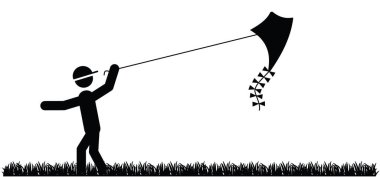 Çizgi film stickman, gökyüzünde uçurtması olan çöp adam. Arkadaşlar birlikte, uçurtma uçuşu, iyi eğlenceler. Spor logosu. Çocuk uçurtma uçuruyor veya koşuyor. Mutlu sağlıklı çocuklar resim çizerek uçurtma oynuyorlar..