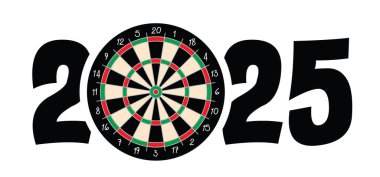 En iyi dileklerimizle, 20245 yılına mutlu bir dart tahtası sembolü diliyoruz. Dartboard simgesi. Oyun tahtası ve dart oyunu. Spor aletleri ve oklar. Tekli, çift ya da üçlü atın.