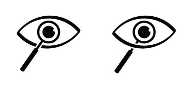 Çizgi film sağlık büyüteç göz ikonu. Gözün mercekte olsun. Büyüteçle, mercekle bakıyorum. Arama, bulma, araştırma konsepti. Arama, keşif araçları. Pictogram 'ı arayın. Bak, bak ve gözlere dikkat et..