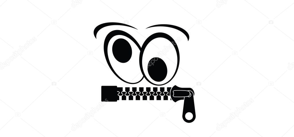 Cartoon mouth, zipper face. Zip fastener with zipper puller. Keeping quiet, silence concept. Keep a secret icon. zippered mouth. closed or open Zippers. Unzip, zipper locks. No speak or talking.