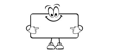 Maskot çizgi film karakteri ve boş beyaz tahta. Not kağıdı toplantı hatırlatması. Tabela temiz. Okul, iş, kağıt ve notlar için. Okula dönüş metni