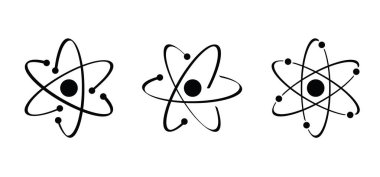 Atom molekül ikonu. Bilim sembolü. Nükleer enerji, bilimsel araştırma ve moleküler kimya. Atomik yapı, formül - elektron, proton, nötron, temel parçacık bir atomun çekirdeği. 