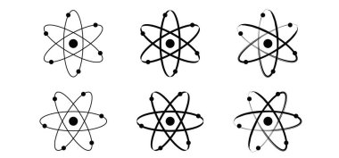 Atom molekül ikonu. Bilim sembolü. Nükleer enerji, bilimsel araştırma ve moleküler kimya. Atomik yapı, formül - elektron, proton, nötron, temel parçacık bir atomun çekirdeği. 