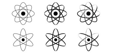 Atom molekül ikonu. Bilim sembolü. Nükleer enerji, bilimsel araştırma ve moleküler kimya. Atomik yapı, formül - elektron, proton, nötron, temel parçacık bir atomun çekirdeği. 