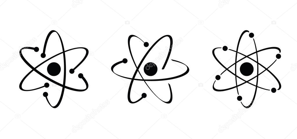 Atom molecule icon. Science symbol. Nuclear energy, scientific research and molecular chemistry. Atomic structure, formula -  electron, proton, neutron, elementary particle the nucleus of an atom.