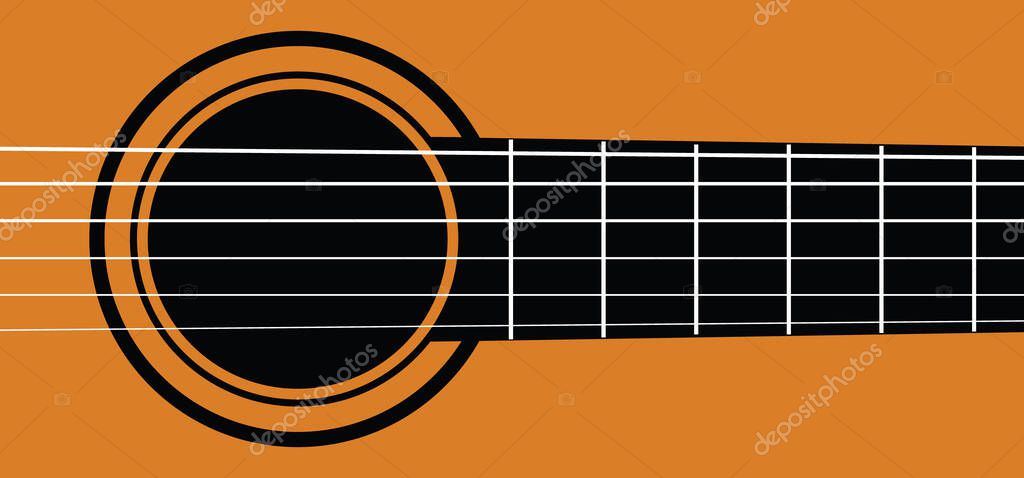 Guitar body, acoustic music. Acoustic guitar banner or poster. World music day. Sound hole of acoustic string. Guitar terms - headstock, body, neck, bridge, fretboard, truss rod, string. Six strings.