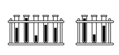Test tüpü, tıbbi test tüpleri ikonu. Kimya ekipmanları, erlenmeyer matarası işareti. Kimyasal şişeler. Formül ya da laboratuvar test tüpü rafı. Kimyasal cam eşyalar ya da cam aletler. Şişe aksesuarları.