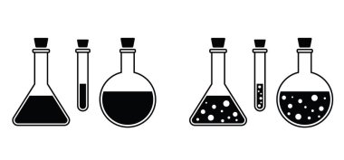 Konik şişe test tüpü, tıbbi test tüpleri ikonu. Kimya ekipmanları, erlenmeyer matarası işareti. Kimyasal şişeler, şişeler. Formül ya da laboratuvar test tüpü rafı. Kimyasal cam eşyalar veya cam aletler