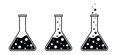 Konik şişe test tüpü, tıbbi test tüpleri ikonu. Kimya ekipmanları, erlenmeyer matarası işareti. Kimyasal şişeler, şişeler. Formül ya da laboratuvar test tüpü rafı. Kimyasal cam eşyalar veya cam aletler.