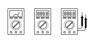 Cartoon electronic device tools. Analog or Digital multimeter. Electric multi meter equipment with cable. Voltmeter multi, measuring Instruments. Volt meters. Analog multimeter measuring electricity. clipart