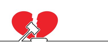 Çizgi film ailesi kalbi kırık bir adam, bir kadın ve Gavel. Boşanma, evlilik sorunu. Kırık kalp sembolü. Karı ve koca anlaşmaya varamıyor. Yargıç çekiç işareti.