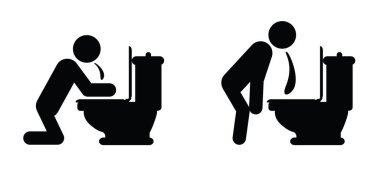 Kusma ikonu. Endişe ve kusma konsepti. Hasta bir insan tuvalette kusuyor. Çubuk adam ya da stickman ve tuvalet logosu. Tuvalet ya da tuvalet. Semptomlar virüs enfeksiyonu, akşamdan kalma ya da sarhoş.