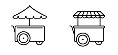 Çizgi film el arabası, seyyar market simgesi. Yemek karavanı, şemsiyeli ya da güneşlikli sokak tezgahı. Sokak fast food karavanı, seyyar mutfak ve şemsiye. Pazar ve gıda stoku sembolü. Dondurma için..