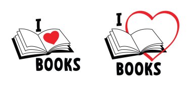 Kitapları severim, kitap severler. Aşıklar ve kalplerle dolu kitap ve sayfalar. Eğitim konsepti. Çizgi çizme. Açık kitap tabelası. Kitapçı logosu. Okuma aşkı kavramı