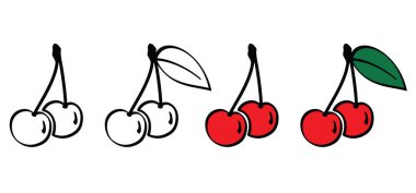 Kirazlı çizgi film. Yeşil yapraklı kiraz seti. Kiraz küçük, küresel bir meyvedir. Genellikle bir taştır. Prunus cinsinin bir ilacıdır. Kiraz ikonu çiziliyor. Doodle Düz Clipart.