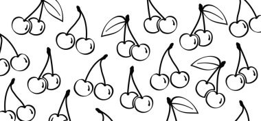 Kirazlı çizgi film. Yeşil yapraklı kiraz seti. Kiraz küçük, küresel bir meyvedir. Genellikle bir taştır. Prunus cinsinin bir ilacıdır. Kiraz ikonu çiziliyor. Doodle Düz Clipart.