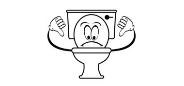 WC çizgi filmi, tuvalet maskotu. Erkekler ve kadınlar için tuvalet ya da tuvalet. Dünya tuvalet günü. Lütfen tuvaleti temiz tut. Tuvalet oturağında gülen surat yok. Kirli tuvalet ya da temizlik ikonu. WC temiz simge veya pictogram.