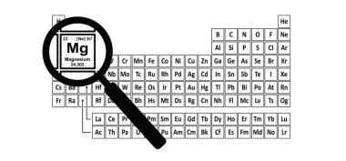 12 numaralı atom, Mg Magnezyum 24.305 magnezyum kimyasal element, periyodik tablo elementleri magnezyum. Nadir toprak elementleri veya nadir toprak metalleri veya nadir toprak konsepti. Vektör sembolü veya simgesi. 