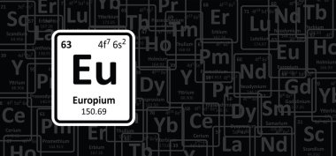 Europium, sembol Eu, atom numarası 63. Kimyasal bir element, gümüş beyazı lantanit. Nadir toprak elementleri ya da nadir toprak metalleri ya da nadir dünyalar. Periyodik Tablo. fosfor, dopant ve uv kavramı.