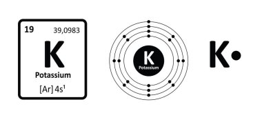 Potasyum. Atom numarası 19, sembol Mg karınca ağırlığı 39,0983 gümüş beyazı bir alkali metaldir. Elektronik konfigürasyon şeması. Atom elementlerinin, periyodik tablo elementlerinin Lewis nokta diyagramları.