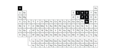 Metal olmayan elementlerin periyodik tablosu. Karbon, C-Nitrojen, N, Oksijen, O, Fosfor, P, Sülfür, S, Selenyum, Se ve halojen, H, soy gazlar ve hidrojen de metal olmayanlar olarak kabul edilir..