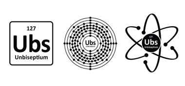 Unbiseptium, sembolü Ubs ve atom numarası 127 olan varsayımsal bir kimyasal elementtir. Elektronik konfigürasyon şeması. Atom elementlerinin, periyodik tablo elementlerinin Lewis nokta diyagramları.