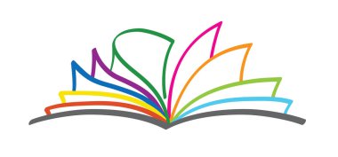 Çizgi film rengi, açık kitap ve sayfalar. Eğitim konsepti. Renk, çizgi çizimi. Açık kitap tabelası. Kitapçı logosu. Uçan sayfalar. boyama kitabı logosu.