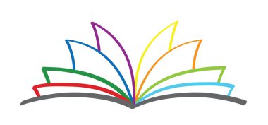 Çizgi film rengi, açık kitap ve sayfalar. Eğitim konsepti. Renk, çizgi çizimi. Açık kitap tabelası. Kitapçı logosu. Uçan sayfalar. boyama kitabı logosu.