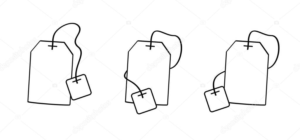 Teatime. Tea bag for tea cup or tea pot. Teabag, beverag, symbol. Herbal and healthy drink packaging label. Paper label on string. Bag of black dry tea sachet in pouch.