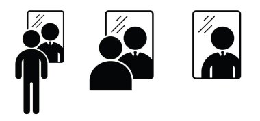 Ayna yansıması. Bir iş adamı kendini aynada görür. Aynaya bakıyor. Aynadan yansıyan bir insan. Narsisizm işareti.