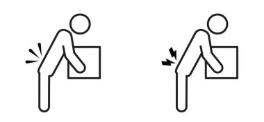 Ağır iş. Tıbbi şikayetler, kısmen acı. Çizgi film stickman, sırtı yaralı çöp adam. Sırt ağrısı belirtileri. Sırt ağrısı. İnsan, romatizma, kronik sırt ağrısı.