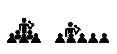 Mikrofon ve müzik, sahnede çalın. Tiyatro ve müzik konsepti. Stickman insanları oynayan mutlu şarkıcılar. İş, gösteri, sunum performansı. Şarkıcı konseri. Konuşmacı, tiyatro şovu..