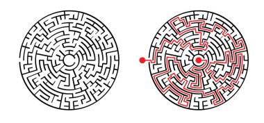 Dairesel, yuvarlak hücreler. Doğru yolu ya da yolu bul. Labirent oyun hattı şablonu, düşük veya orta karmaşıklıkta vektör labirenti. Siyah ve beyaz geometrik labirent. Girdi ve çıktı ile karışık satırlar.