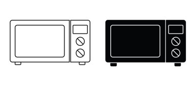 Çizgi film fırını, mikrodalga fırın. Elektrikli mutfak gereçleri. Mutfak yemekleri, yemek hazırlama konsepti. Mikrodalga fırın ikonu. Mikrodalga aracı.