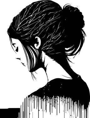 Black and white vector sketch illustration of woman head and hair