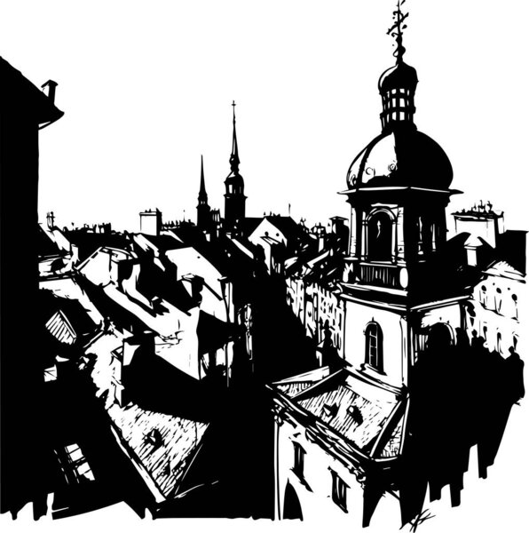 Black and White Vector Sketch Illustration of Old European City Streets