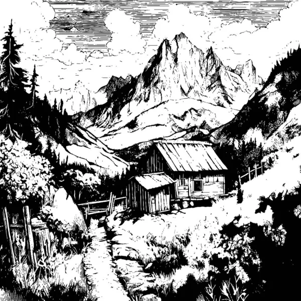 山中小木屋的手绘水墨画 — 图库矢量图片