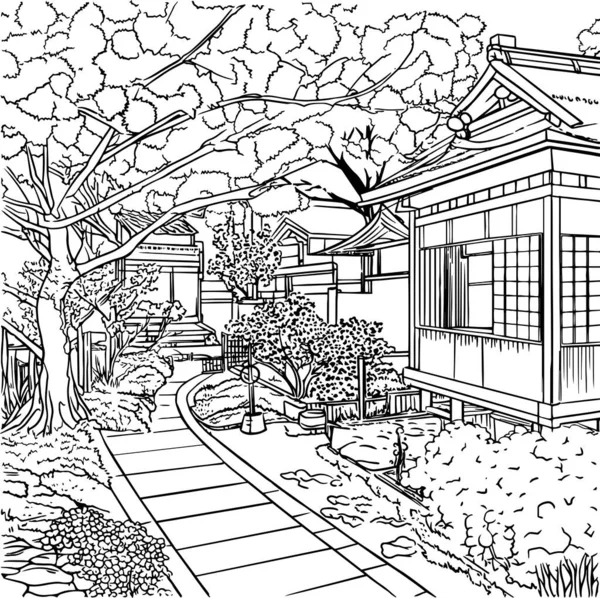 小さな木の家と素敵な夏の庭の手描きインクイラスト — ストックベクタ